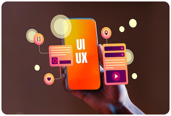 Mobile app UI/UX design and digital interface in orange screen and brown background